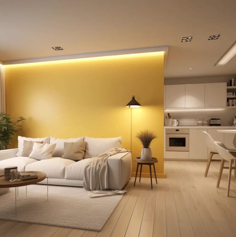 Lubų juosta su LED diodais minimalistinio stiliaus svetainės interjere.