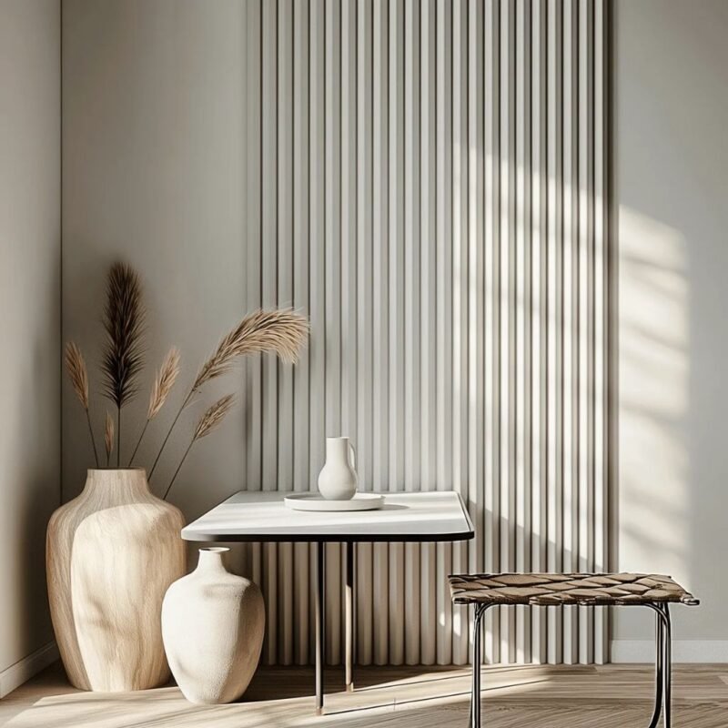 WP003 „Mardom Decor“ sienų panelės baltame atspalvyje minimalistinio stiliaus interjere