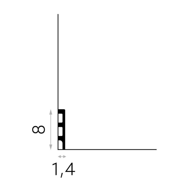 Dažomos grindjuostės MD014 brėžinys su matmenimis 8 cm aukščio ir 1,4 cm gylio