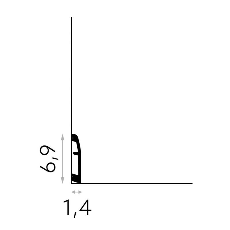 Dažomos grindjuostės MD017 brėžinys su matmenimis 6,9 cm aukščio ir 1,4 cm gylio