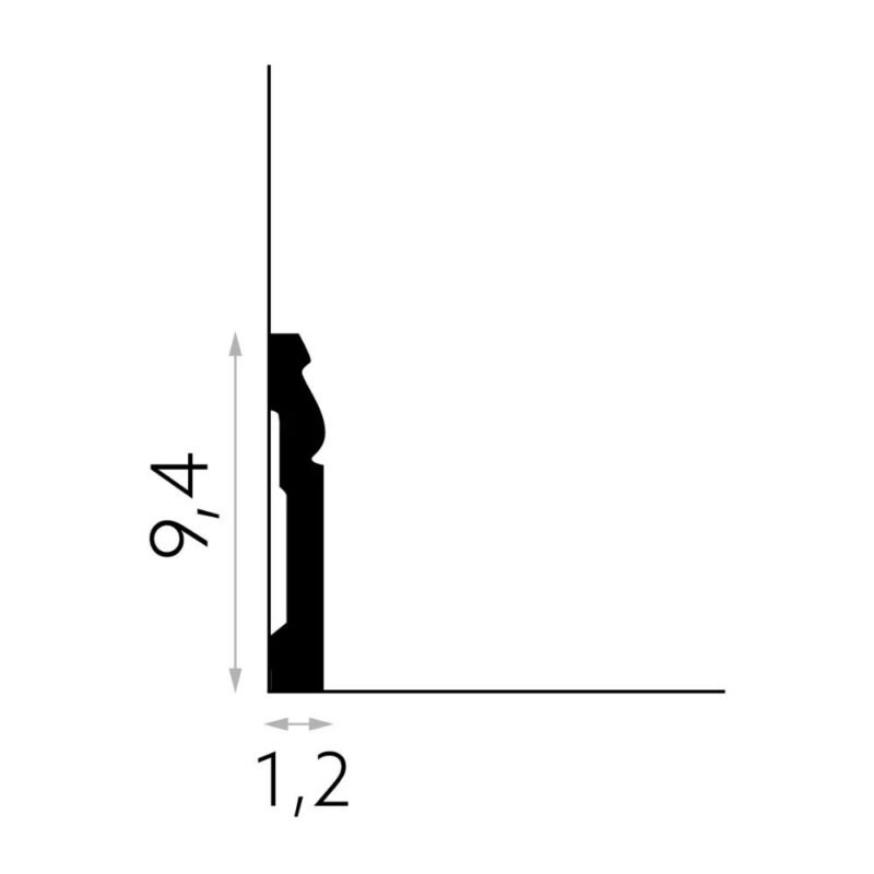 Dažomos grindjuostės MD094 brėžinys su matmenimis 9,4 cm aukščio ir 1,2 cm gylio